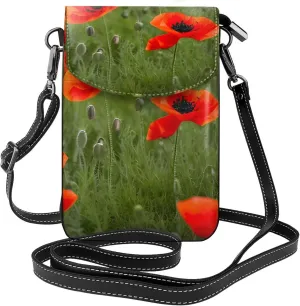 Poppy Flowers Petals Print Small Cell Phone Leather Purse Adjustable Shoulder Rope Crossbody Bags For Women