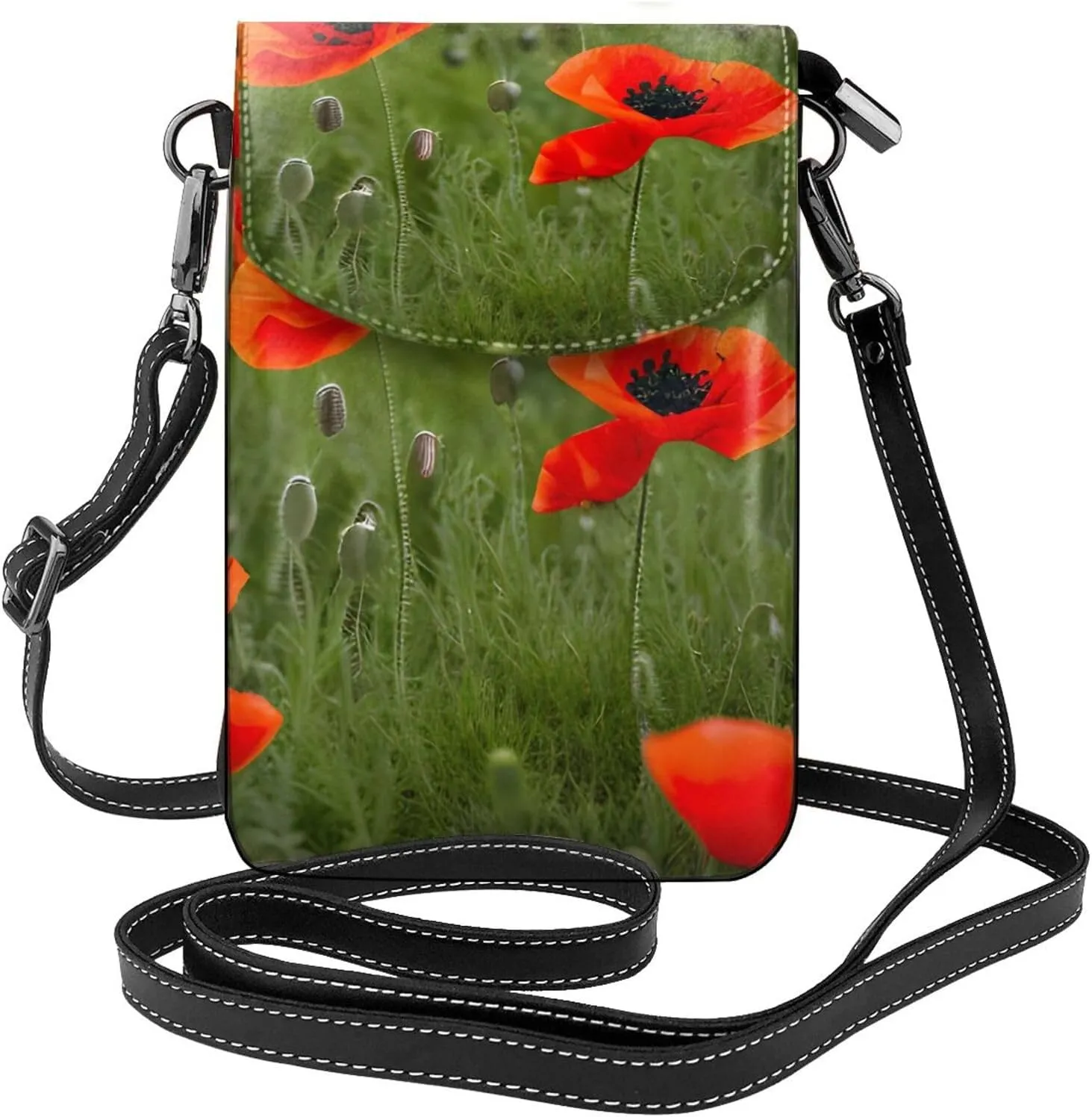 Poppy Flowers Petals Print Small Cell Phone Leather Purse Adjustable Shoulder Rope Crossbody Bags For Women
