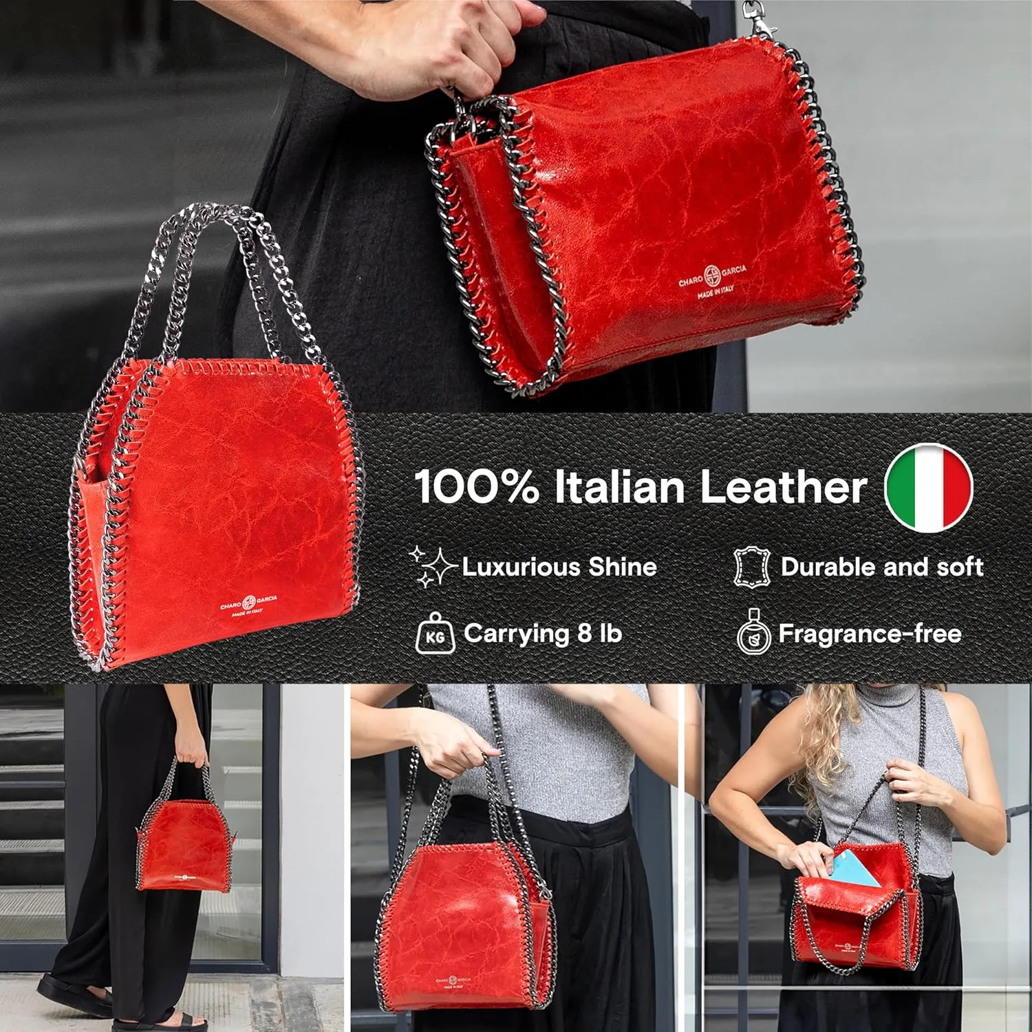 Premium Italian Leather Handmade in Florence, Italy. Crossbody Bag for Women with a Detachable Chain Strap Made in Italy