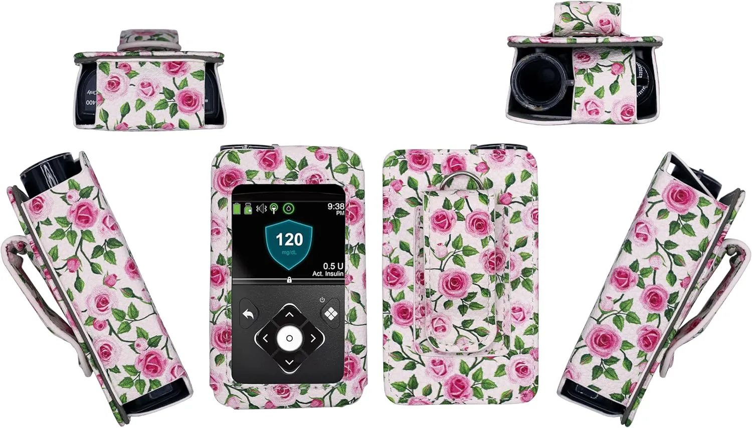 Premium Patterned Holster (with Belt Clip/Metal Loop/Lanyard) for Medtronic Minimed Insulin Pump 630G/ 640G/ 670G/770G/780G (All Model) (White-Rose)