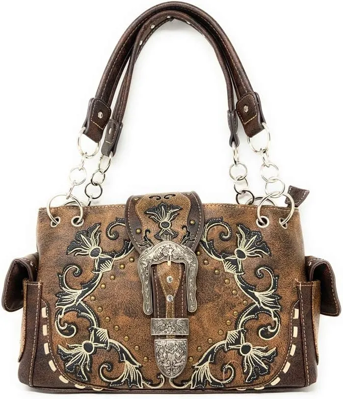 Premium Western Rhinestone Concealed Carry Buckle Floral Womens Shoulder Handbag Purse in Multi Color