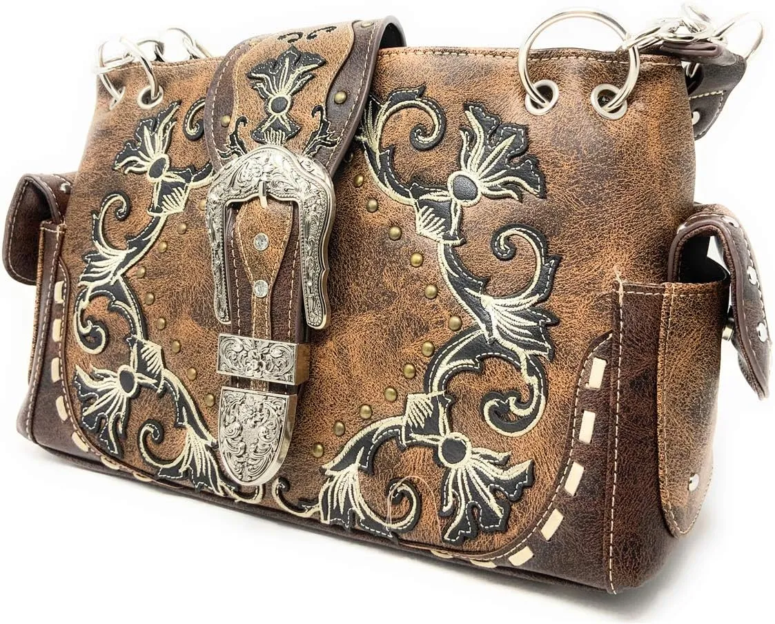 Premium Western Rhinestone Concealed Carry Buckle Floral Womens Shoulder Handbag Purse in Multi Color