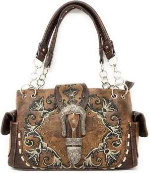 Premium Western Rhinestone Concealed Carry Buckle Floral Womens Shoulder Handbag Purse in Multi Color