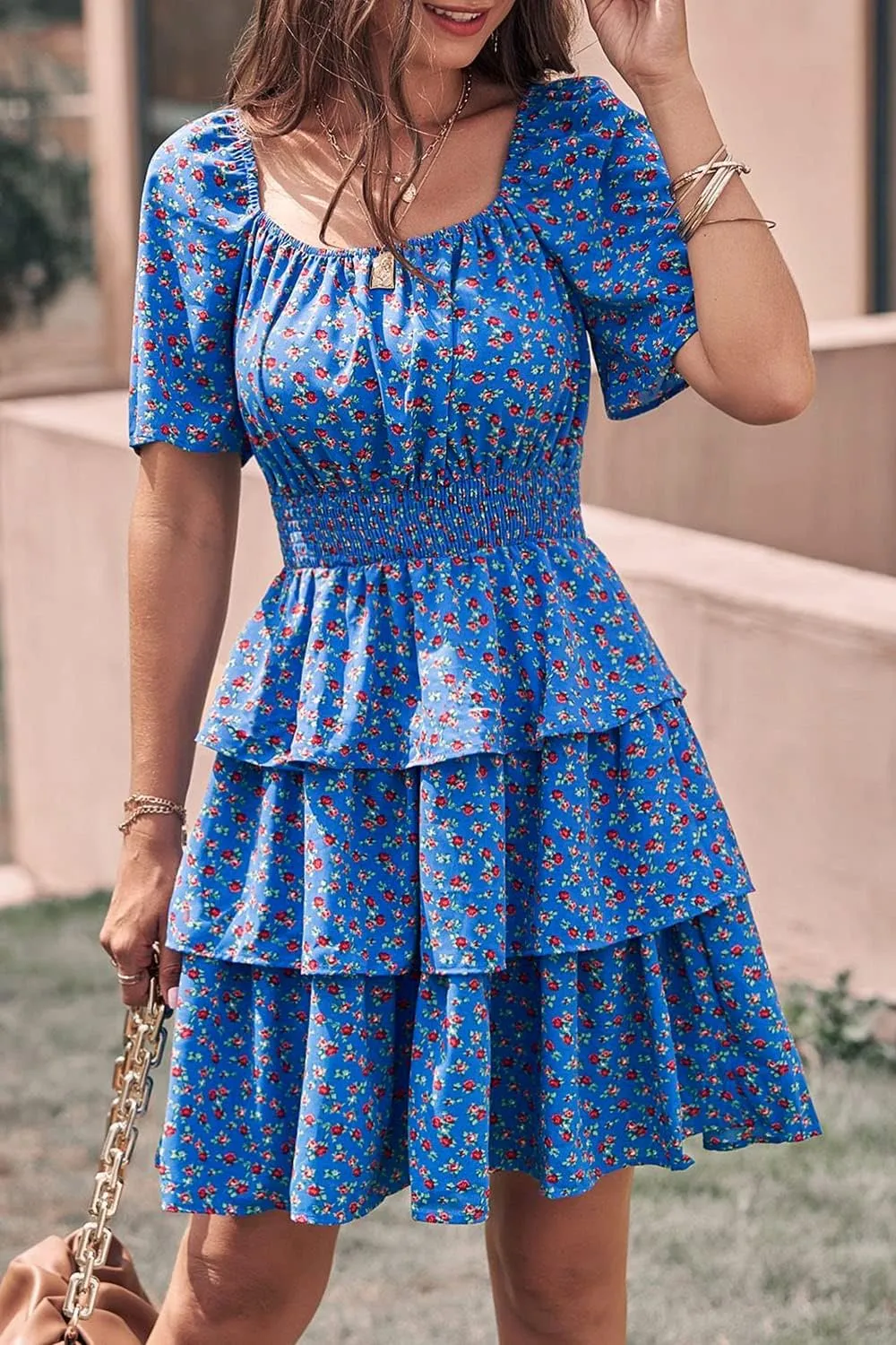 PRETTYGARDEN Women's 2025 Floral Summer Short Dress Square Neck Short Sleeve Tiered Ruffle Boho Swing Dresses