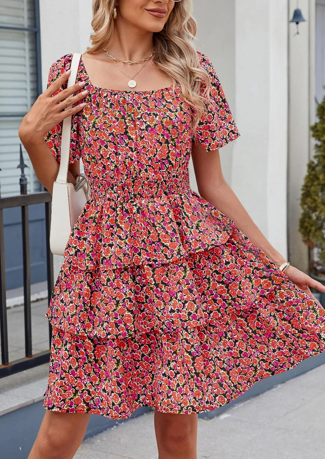 PRETTYGARDEN Women's 2025 Floral Summer Short Dress Square Neck Short Sleeve Tiered Ruffle Boho Swing Dresses