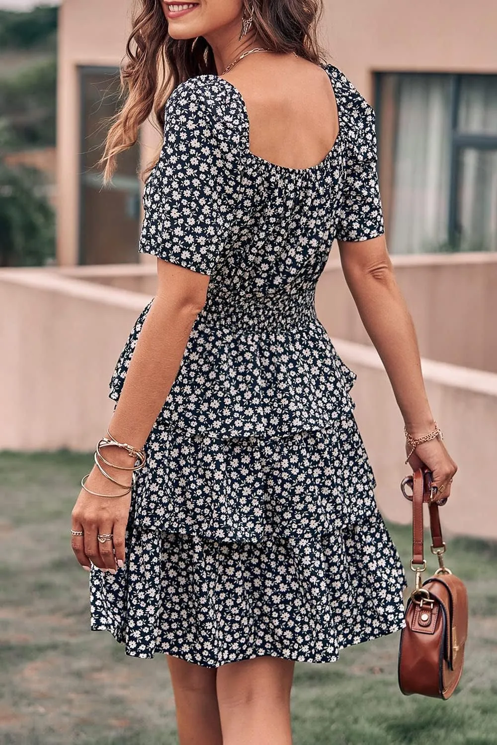 PRETTYGARDEN Women's 2025 Floral Summer Short Dress Square Neck Short Sleeve Tiered Ruffle Boho Swing Dresses