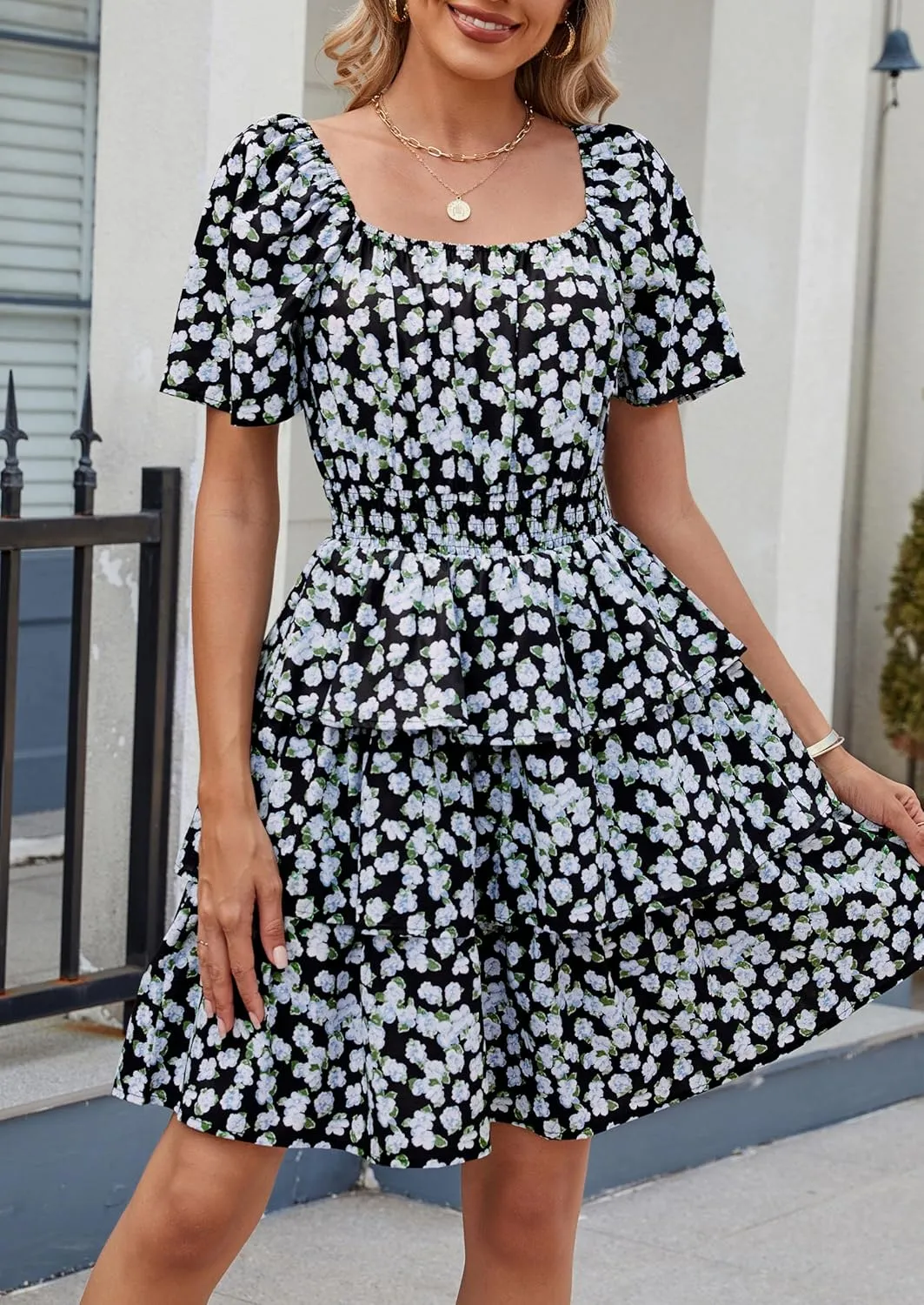 PRETTYGARDEN Women's 2025 Floral Summer Short Dress Square Neck Short Sleeve Tiered Ruffle Boho Swing Dresses
