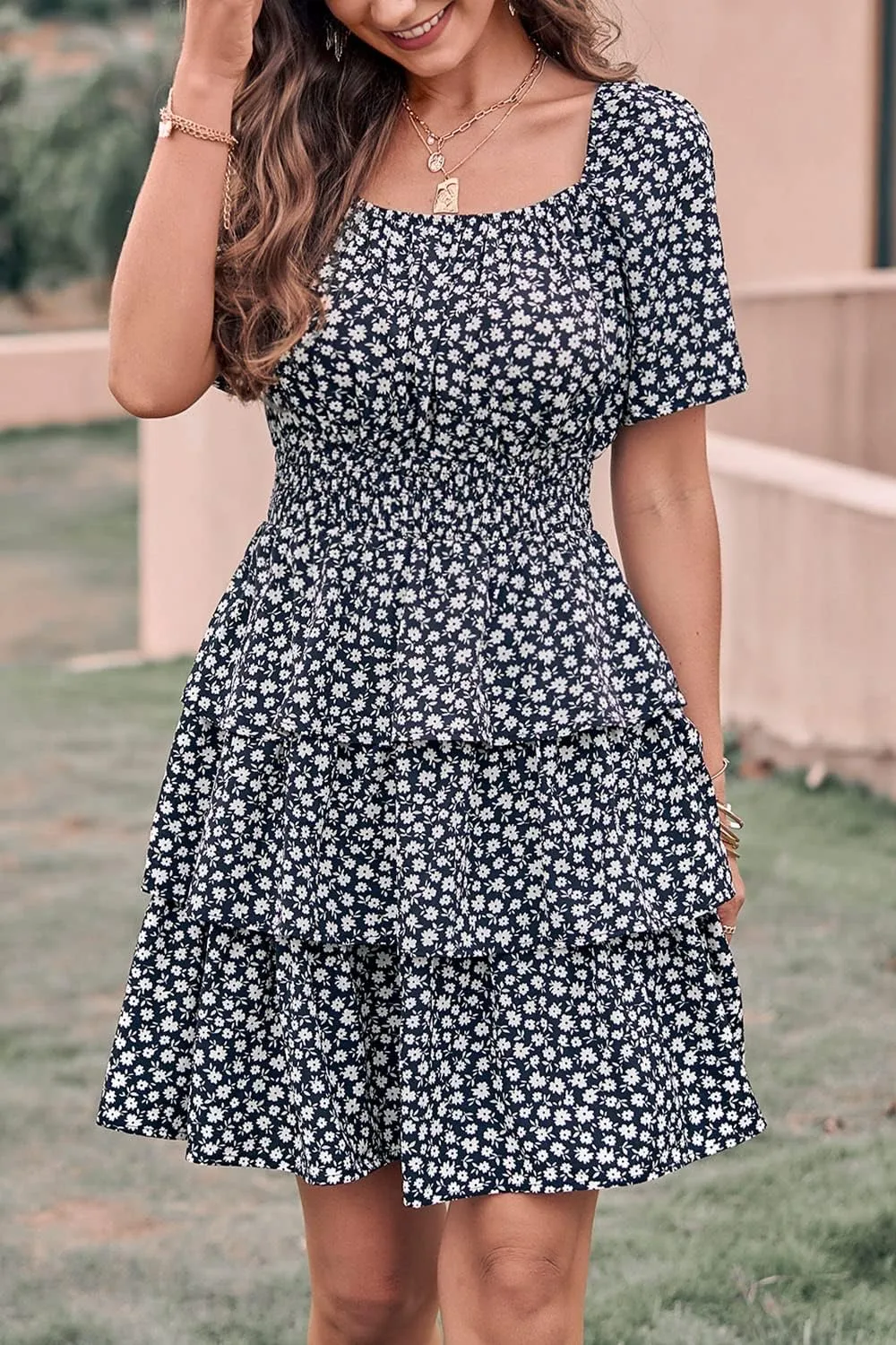 PRETTYGARDEN Women's 2025 Floral Summer Short Dress Square Neck Short Sleeve Tiered Ruffle Boho Swing Dresses