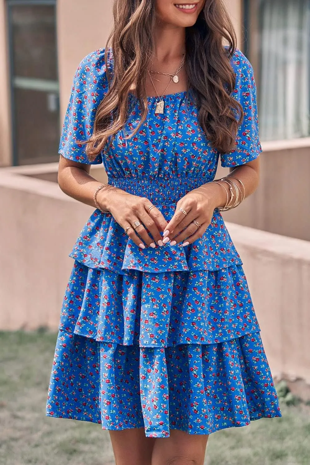 PRETTYGARDEN Women's 2025 Floral Summer Short Dress Square Neck Short Sleeve Tiered Ruffle Boho Swing Dresses