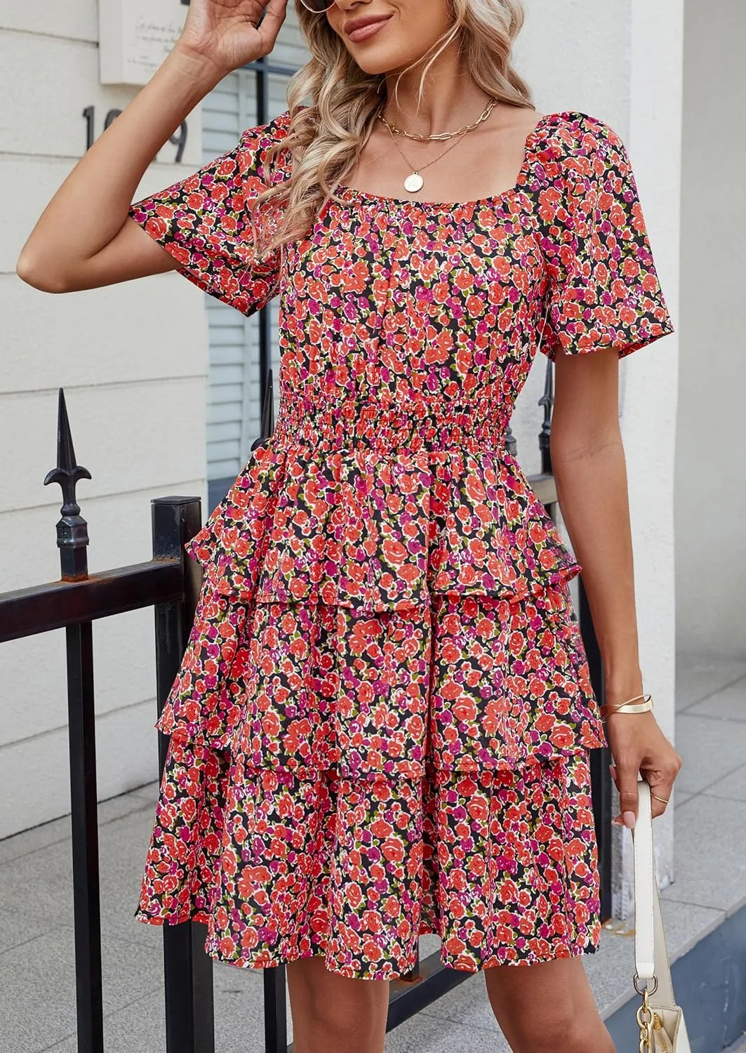 PRETTYGARDEN Women's 2025 Floral Summer Short Dress Square Neck Short Sleeve Tiered Ruffle Boho Swing Dresses
