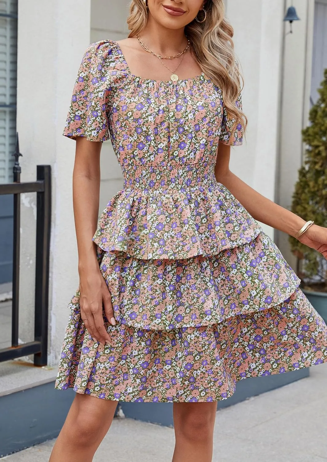 PRETTYGARDEN Women's 2025 Floral Summer Short Dress Square Neck Short Sleeve Tiered Ruffle Boho Swing Dresses