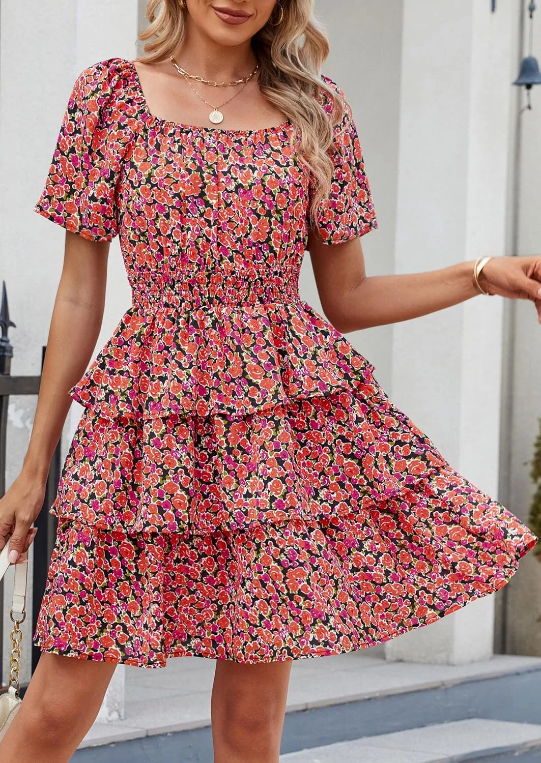 PRETTYGARDEN Women's 2025 Floral Summer Short Dress Square Neck Short Sleeve Tiered Ruffle Boho Swing Dresses