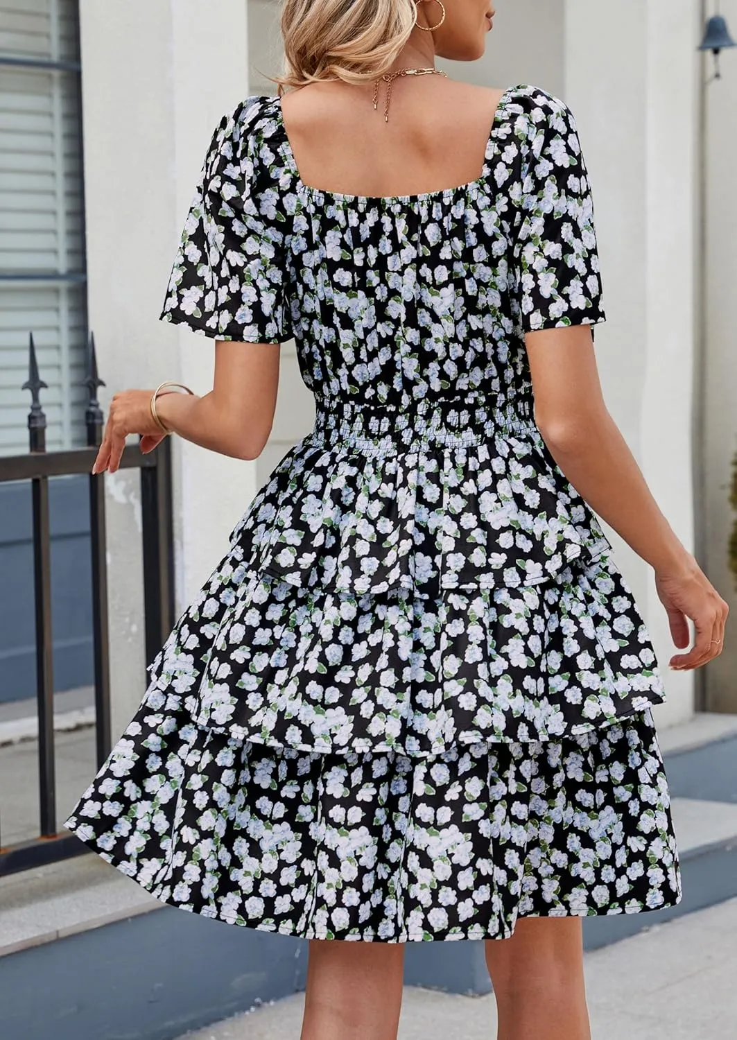 PRETTYGARDEN Women's 2025 Floral Summer Short Dress Square Neck Short Sleeve Tiered Ruffle Boho Swing Dresses
