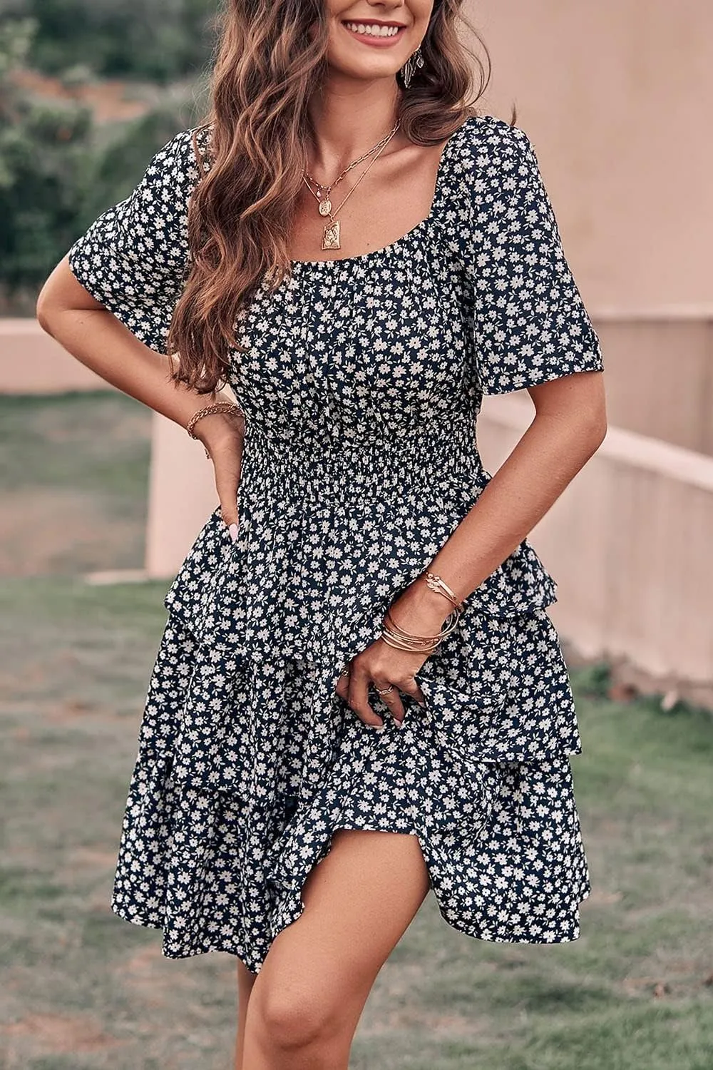 PRETTYGARDEN Women's 2025 Floral Summer Short Dress Square Neck Short Sleeve Tiered Ruffle Boho Swing Dresses