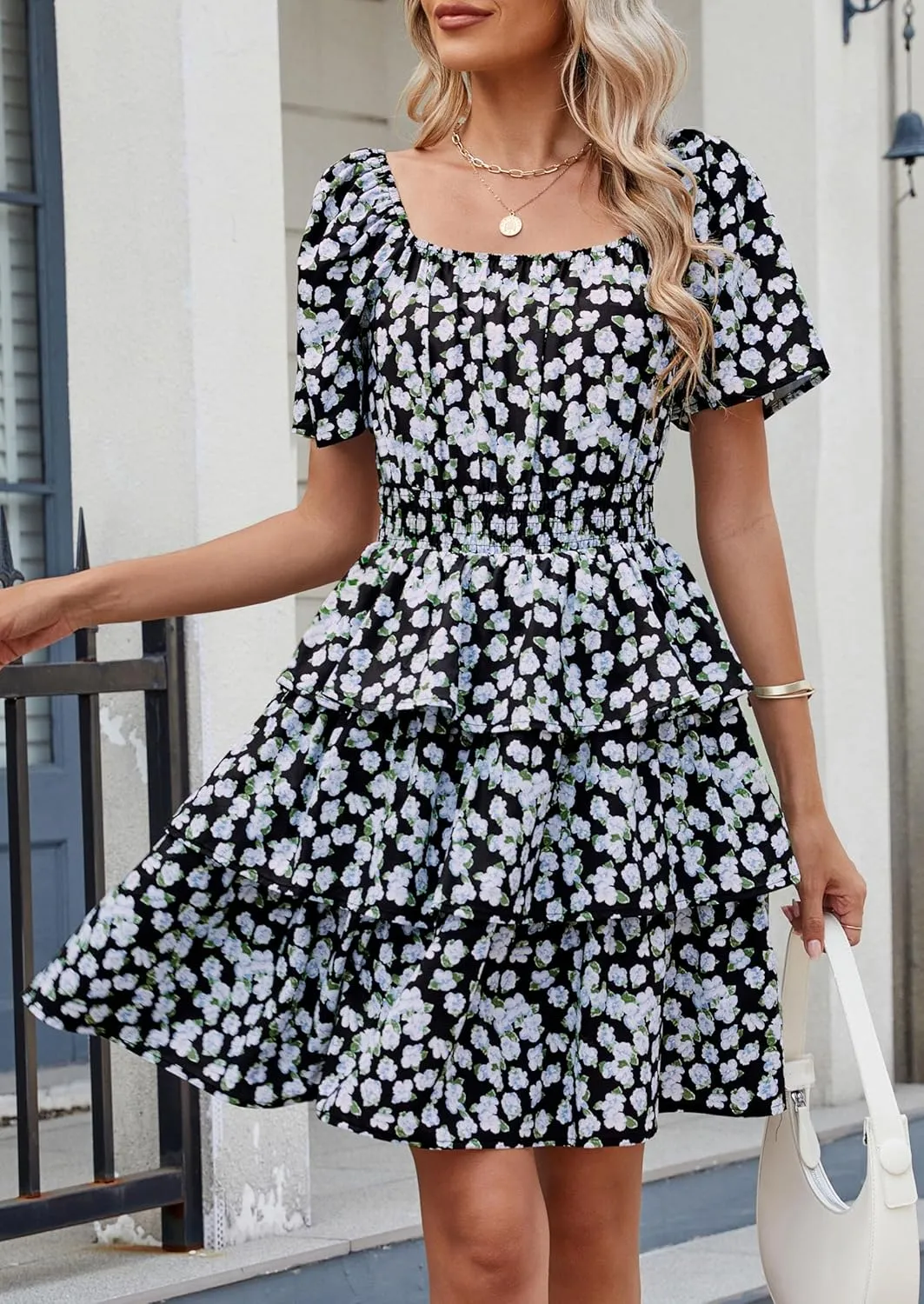 PRETTYGARDEN Women's 2025 Floral Summer Short Dress Square Neck Short Sleeve Tiered Ruffle Boho Swing Dresses