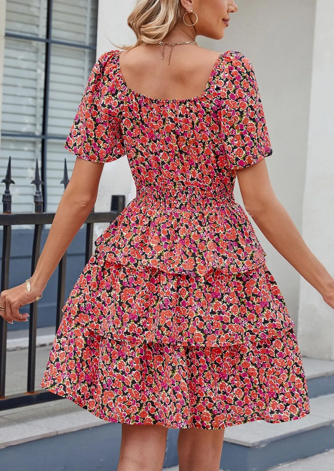 PRETTYGARDEN Women's 2025 Floral Summer Short Dress Square Neck Short Sleeve Tiered Ruffle Boho Swing Dresses