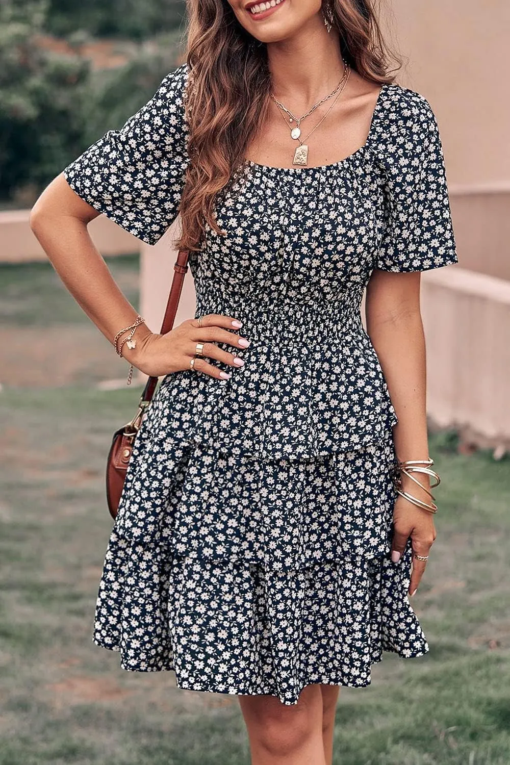 PRETTYGARDEN Women's 2025 Floral Summer Short Dress Square Neck Short Sleeve Tiered Ruffle Boho Swing Dresses