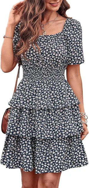 PRETTYGARDEN Women's 2025 Floral Summer Short Dress Square Neck Short Sleeve Tiered Ruffle Boho Swing Dresses