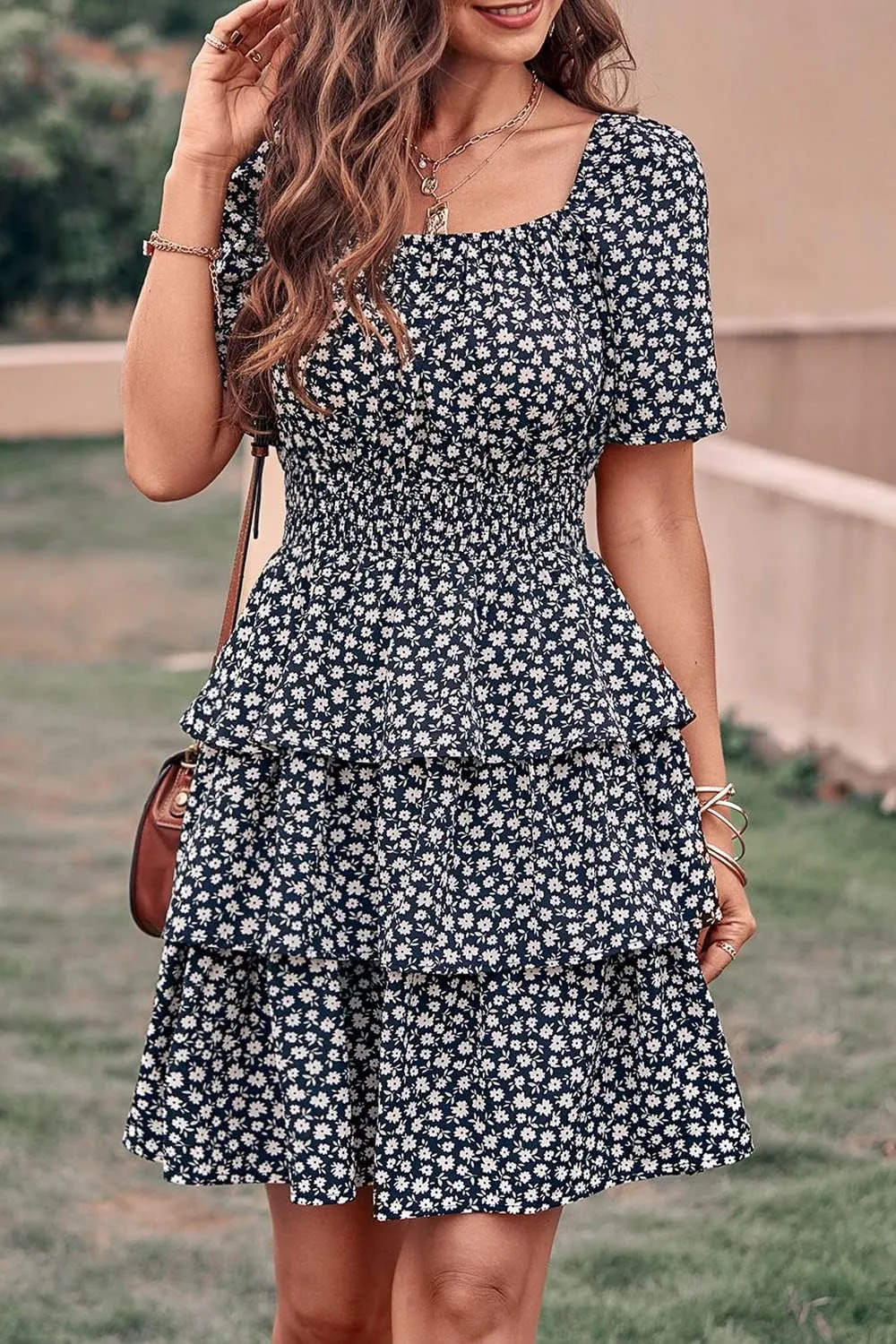 PRETTYGARDEN Women's 2025 Floral Summer Short Dress Square Neck Short Sleeve Tiered Ruffle Boho Swing Dresses