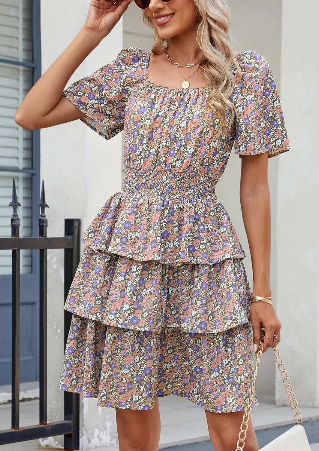 PRETTYGARDEN Women's 2025 Floral Summer Short Dress Square Neck Short Sleeve Tiered Ruffle Boho Swing Dresses