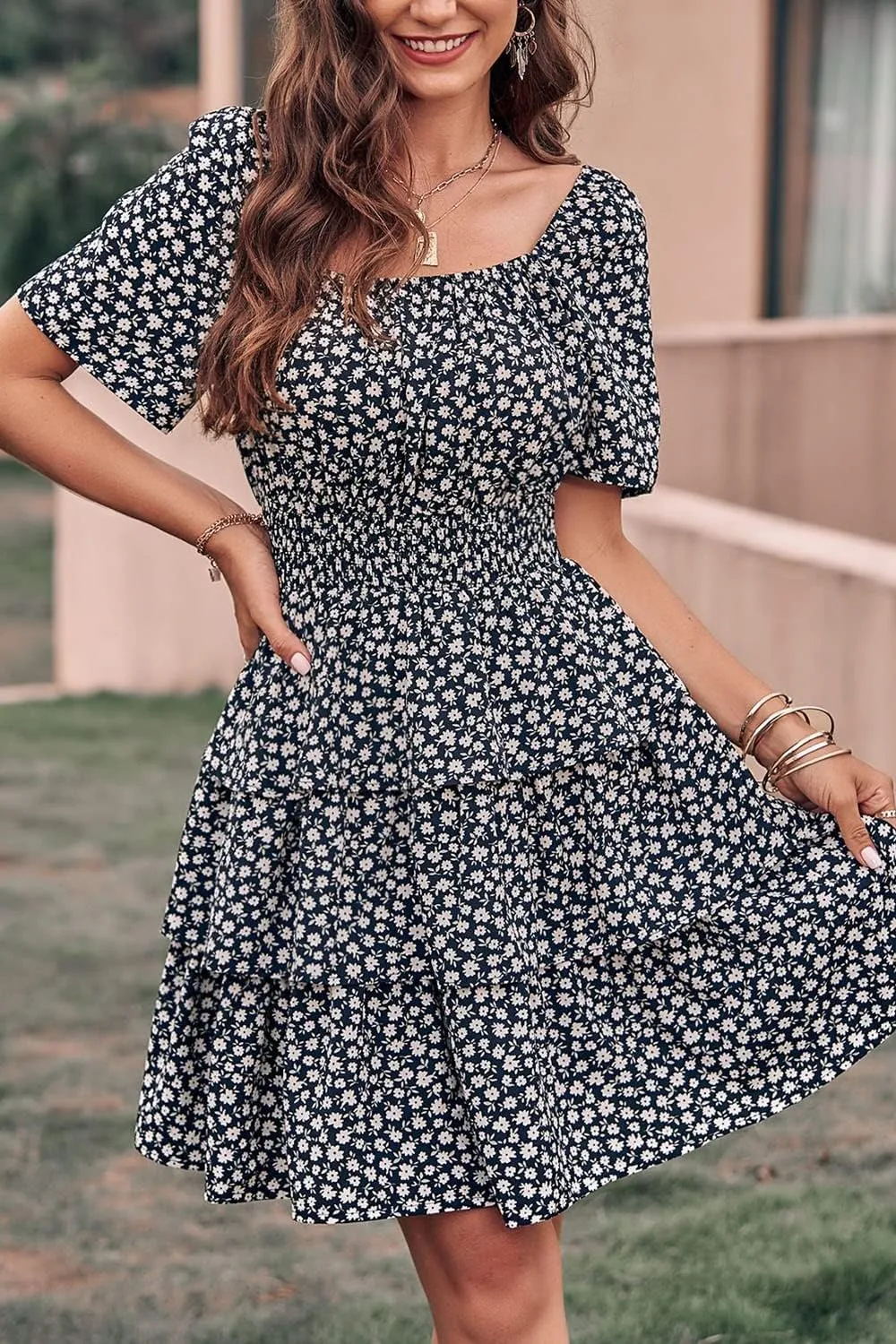 PRETTYGARDEN Women's 2025 Floral Summer Short Dress Square Neck Short Sleeve Tiered Ruffle Boho Swing Dresses