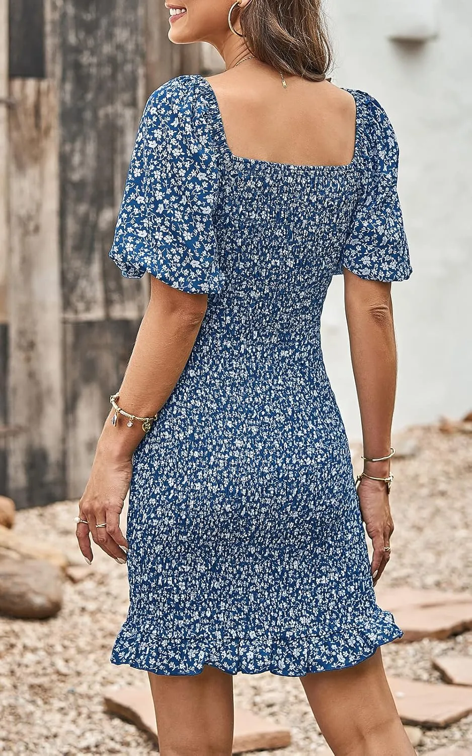 PRETTYGARDEN Women's 2025 Summer Floral Puff Sleeve Mini Dress Square Neck Ruffle Hem Bodycon Dresses Smocked Dress Women