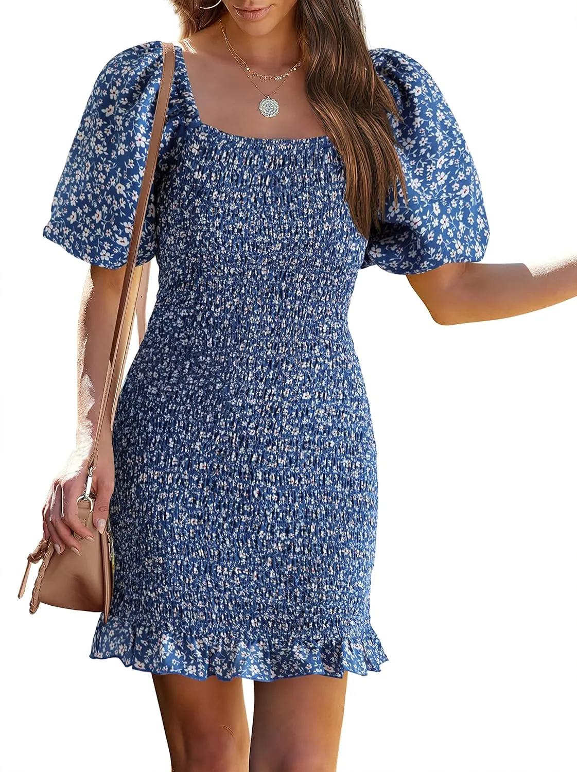 PRETTYGARDEN Women's 2025 Summer Floral Puff Sleeve Mini Dress Square Neck Ruffle Hem Bodycon Dresses Smocked Dress Women