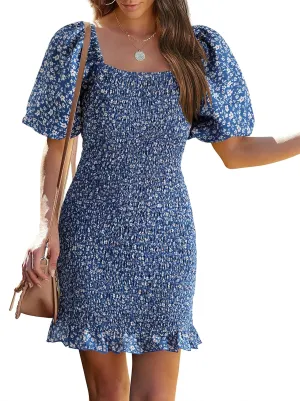 PRETTYGARDEN Women's 2025 Summer Floral Puff Sleeve Mini Dress Square Neck Ruffle Hem Bodycon Dresses Smocked Dress Women