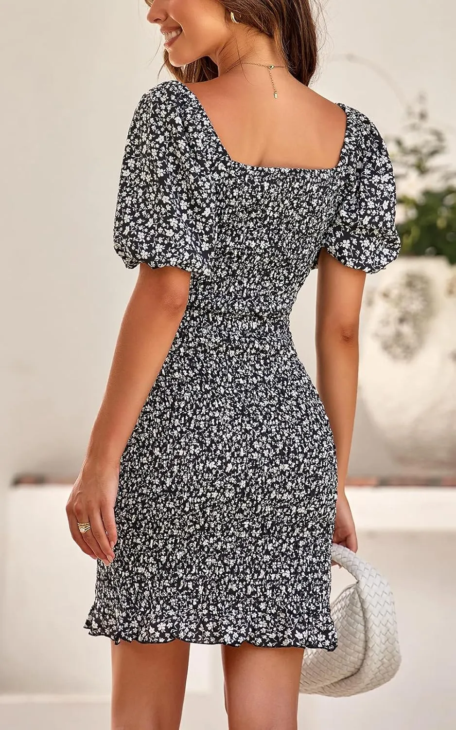 PRETTYGARDEN Women's 2025 Summer Floral Puff Sleeve Mini Dress Square Neck Ruffle Hem Bodycon Dresses Smocked Dress Women