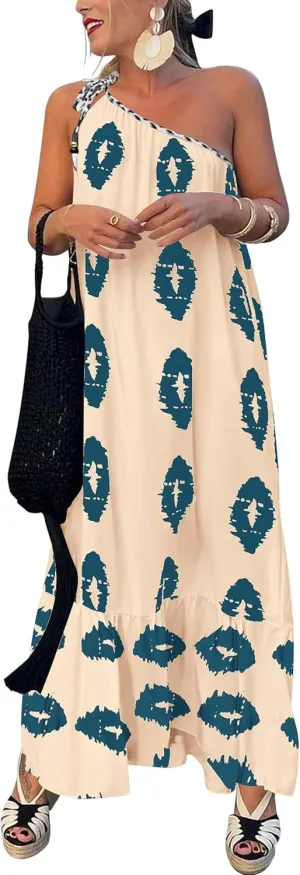 PRETTYGARDEN Women's 2025 Summer Maxi Dresses One Shoulder Printed Flowy Boho Beach Vacation Long Sundress