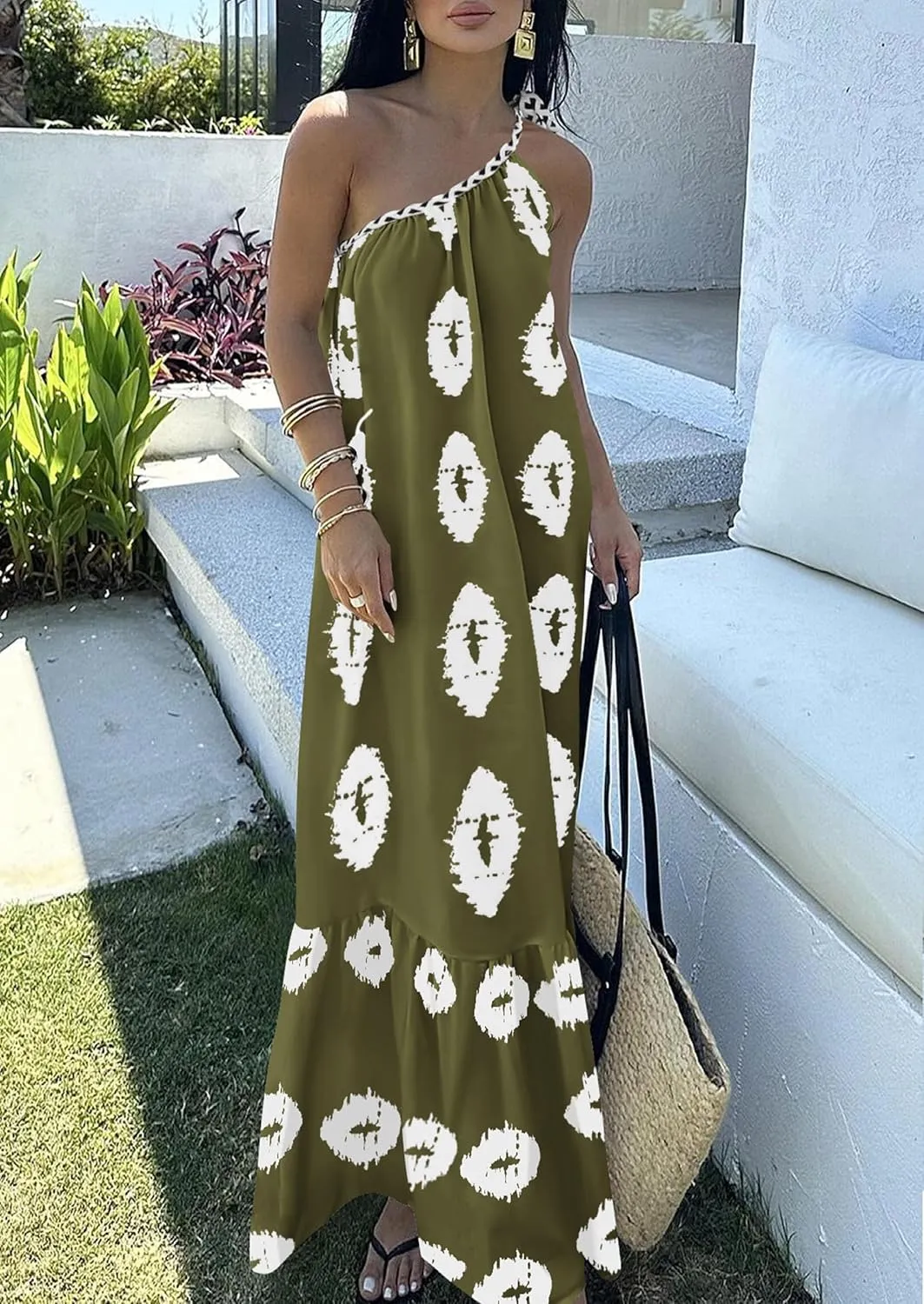 PRETTYGARDEN Women's 2025 Summer Maxi Dresses One Shoulder Printed Flowy Boho Beach Vacation Long Sundress