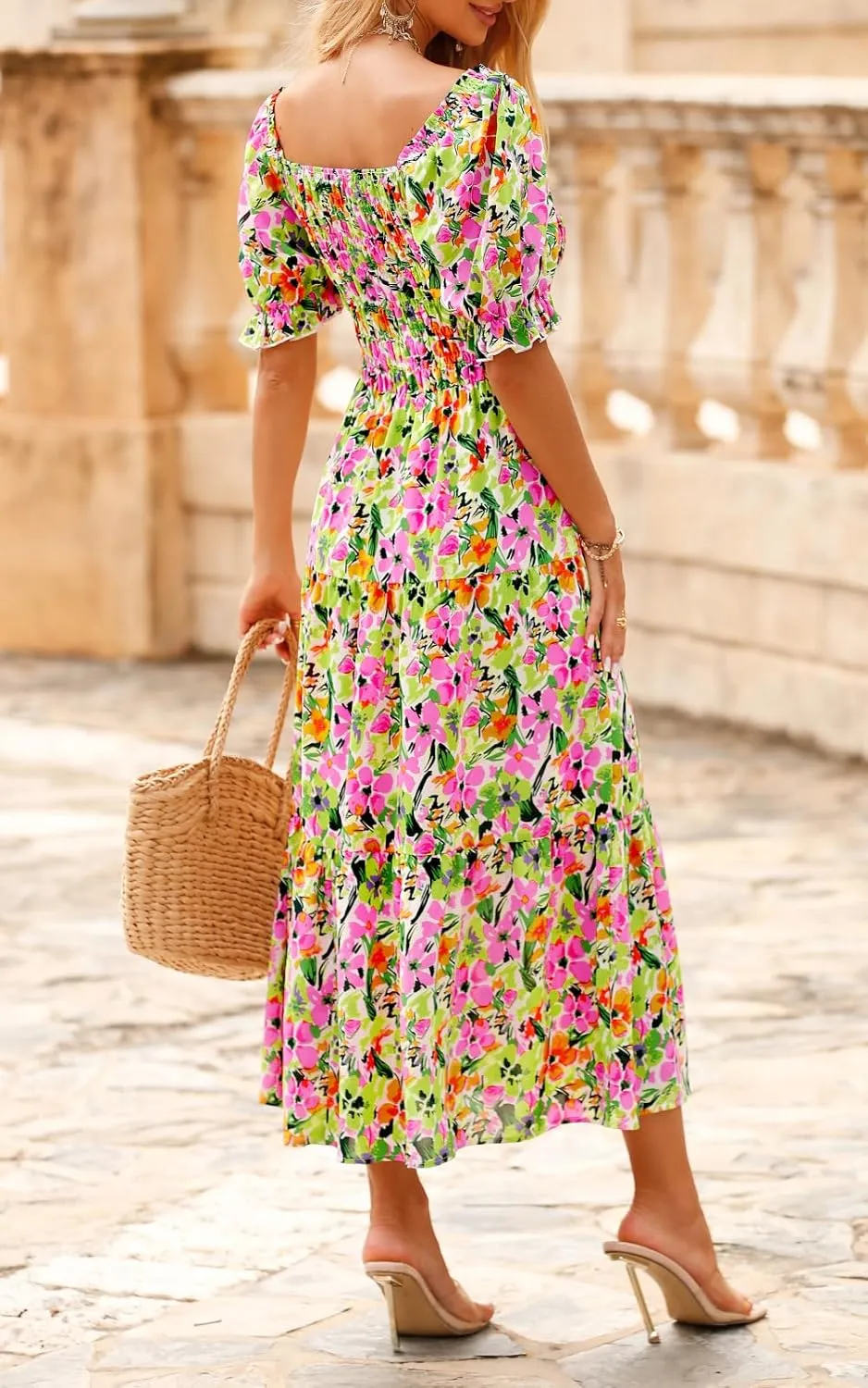 PRETTYGARDEN Women's Boho Floral Print Summer Dresses Square Neck Puff Sleeve A Line Long Dress Smocked Casual Maxi Dress