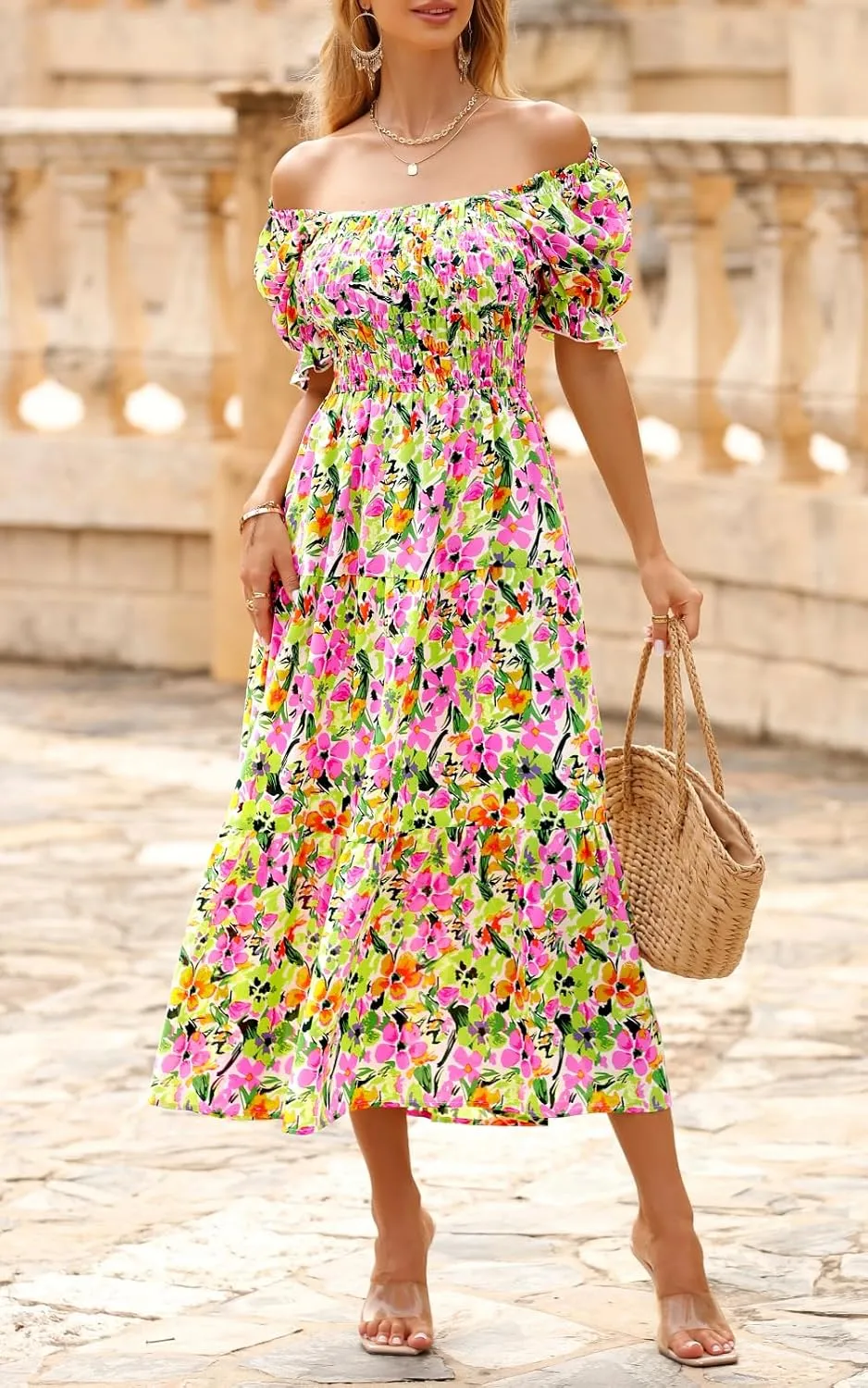 PRETTYGARDEN Women's Boho Floral Print Summer Dresses Square Neck Puff Sleeve A Line Long Dress Smocked Casual Maxi Dress