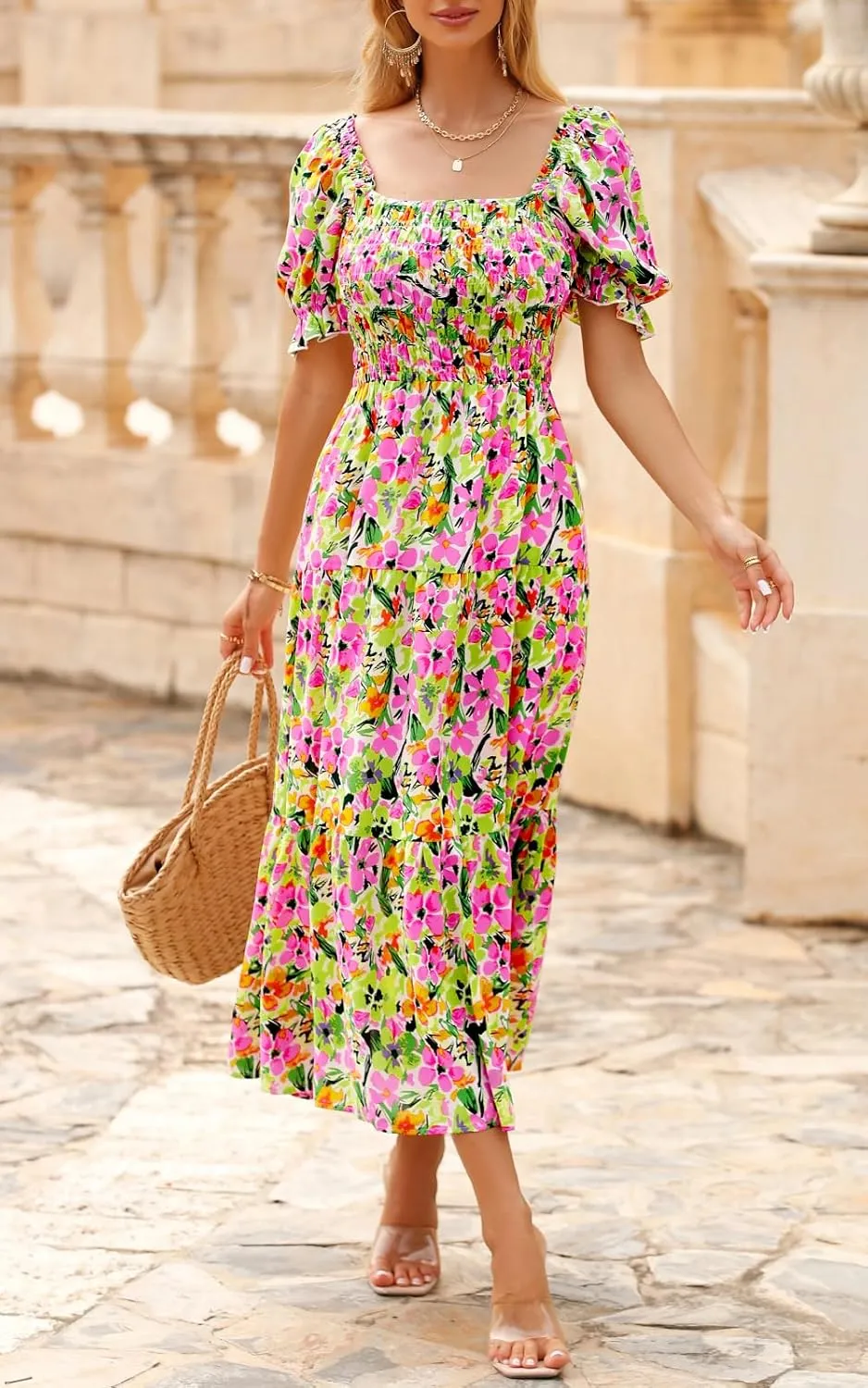 PRETTYGARDEN Women's Boho Floral Print Summer Dresses Square Neck Puff Sleeve A Line Long Dress Smocked Casual Maxi Dress