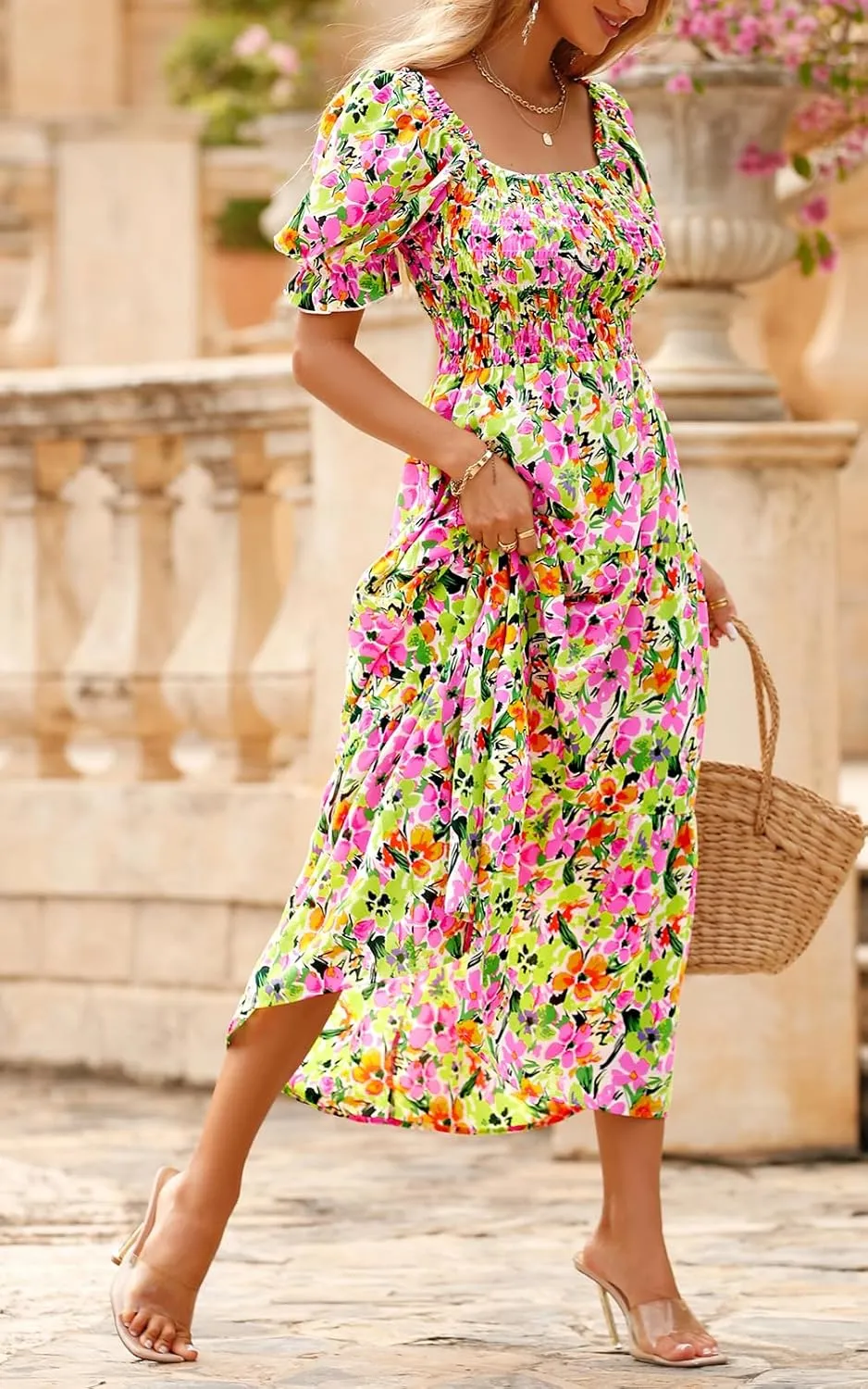 PRETTYGARDEN Women's Boho Floral Print Summer Dresses Square Neck Puff Sleeve A Line Long Dress Smocked Casual Maxi Dress