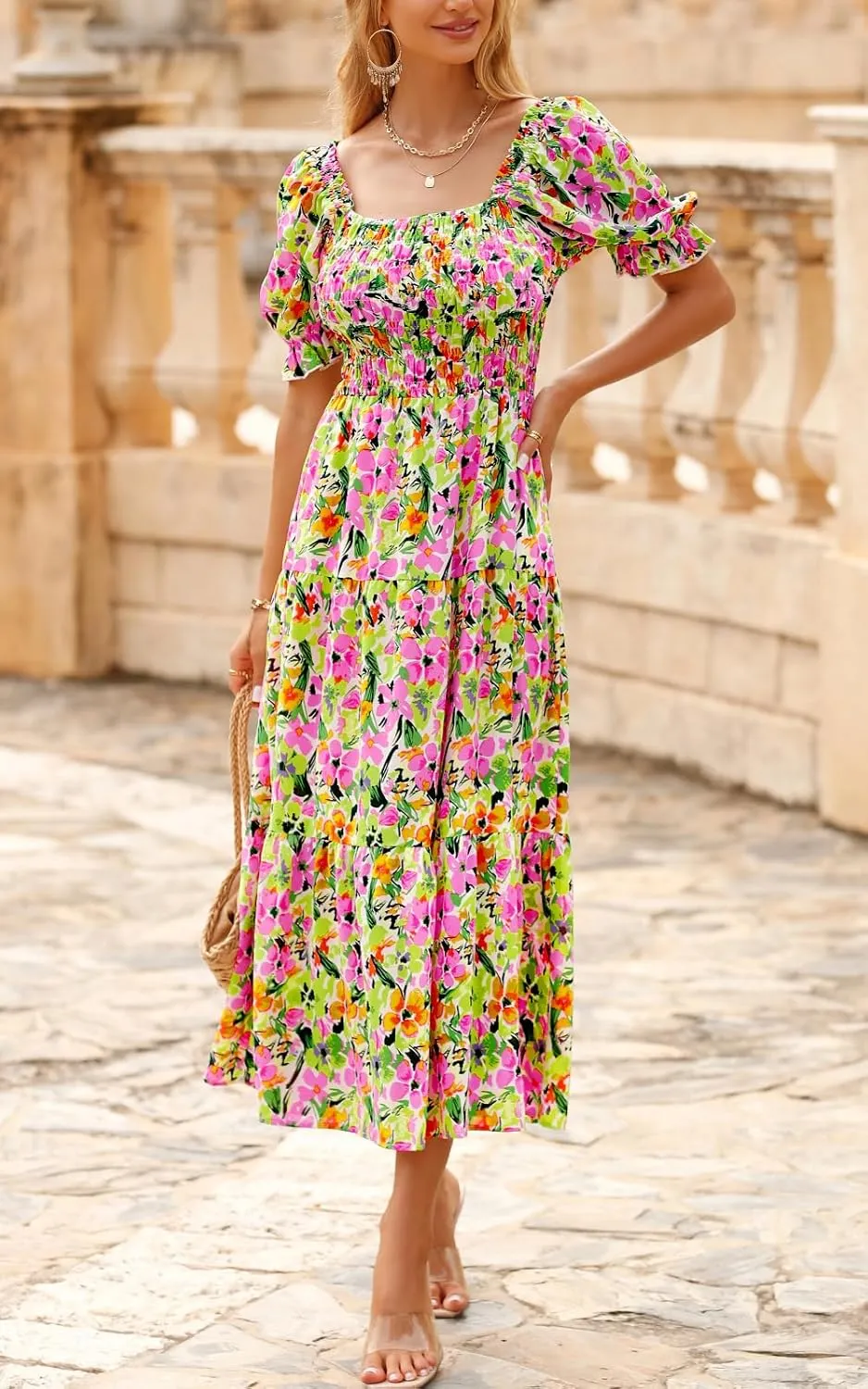 PRETTYGARDEN Women's Boho Floral Print Summer Dresses Square Neck Puff Sleeve A Line Long Dress Smocked Casual Maxi Dress
