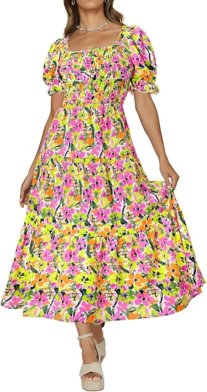 PRETTYGARDEN Women's Boho Floral Print Summer Dresses Square Neck Puff Sleeve A Line Long Dress Smocked Casual Maxi Dress