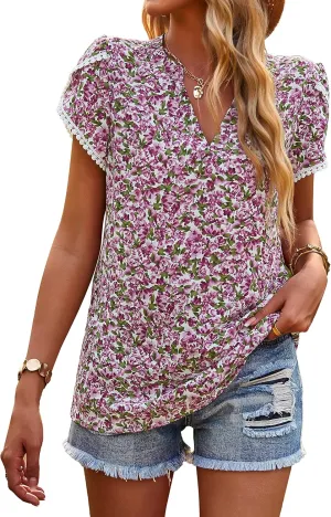 PRETTYGARDEN Women's Shirts Summer Casual Crewneck Lace Crochet Short Sleeve Blouses Cute Floral Print Loose Tunic Tops