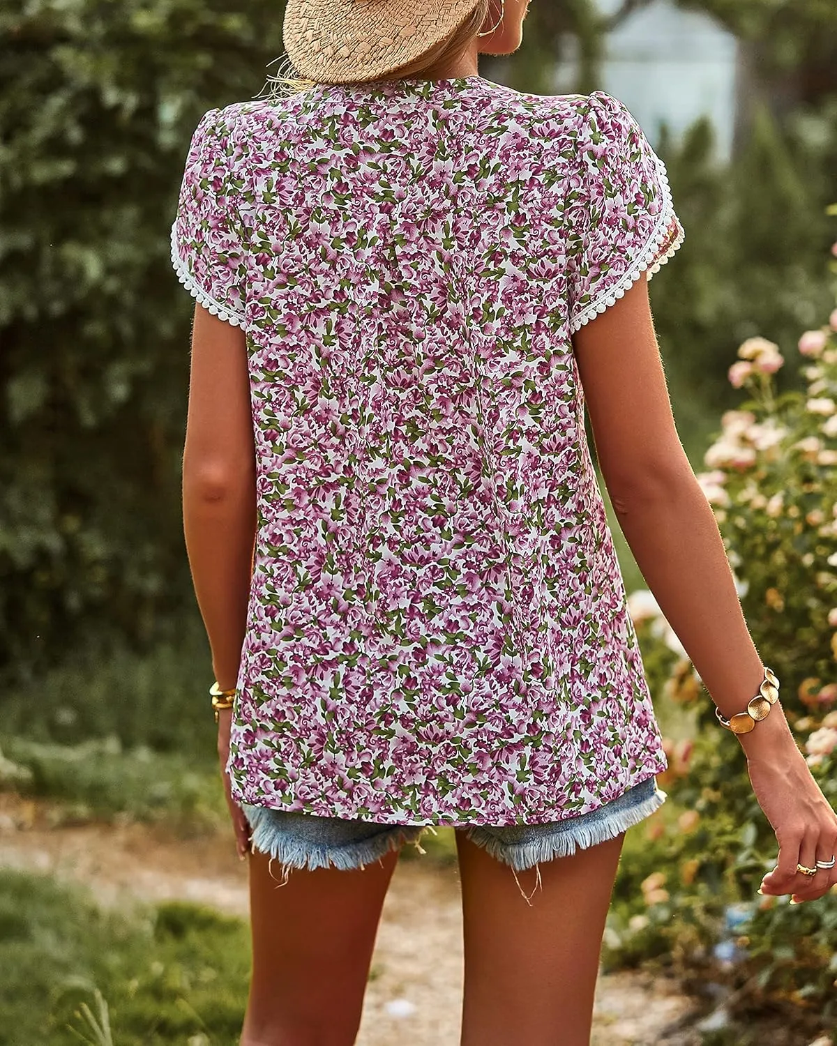 PRETTYGARDEN Women's Shirts Summer Casual Crewneck Lace Crochet Short Sleeve Blouses Cute Floral Print Loose Tunic Tops