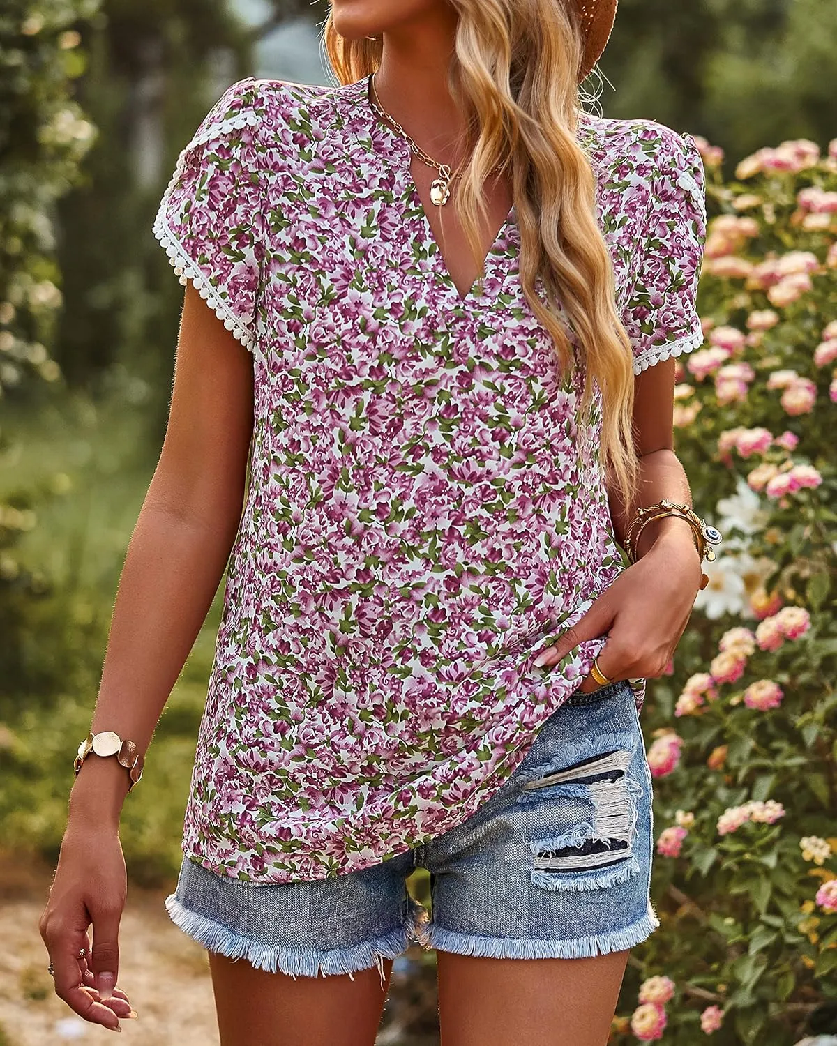 PRETTYGARDEN Women's Shirts Summer Casual Crewneck Lace Crochet Short Sleeve Blouses Cute Floral Print Loose Tunic Tops