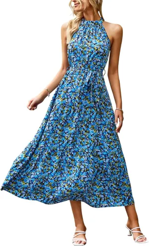 PRETTYGARDEN Women's Summer Floral Maxi Sun Dress Sleeveless Halter Neck Flowy Ruffle Hem Long Boho Dresses with Belt