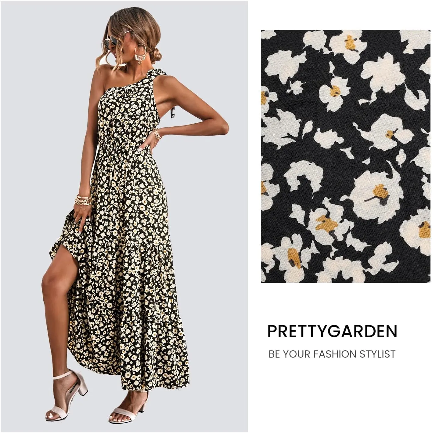 PRETTYGARDEN Women's Summer Floral One Shoulder Maxi Dress Knot Ruffle Boho Beach Vacation Wedding Guest Long Dresses