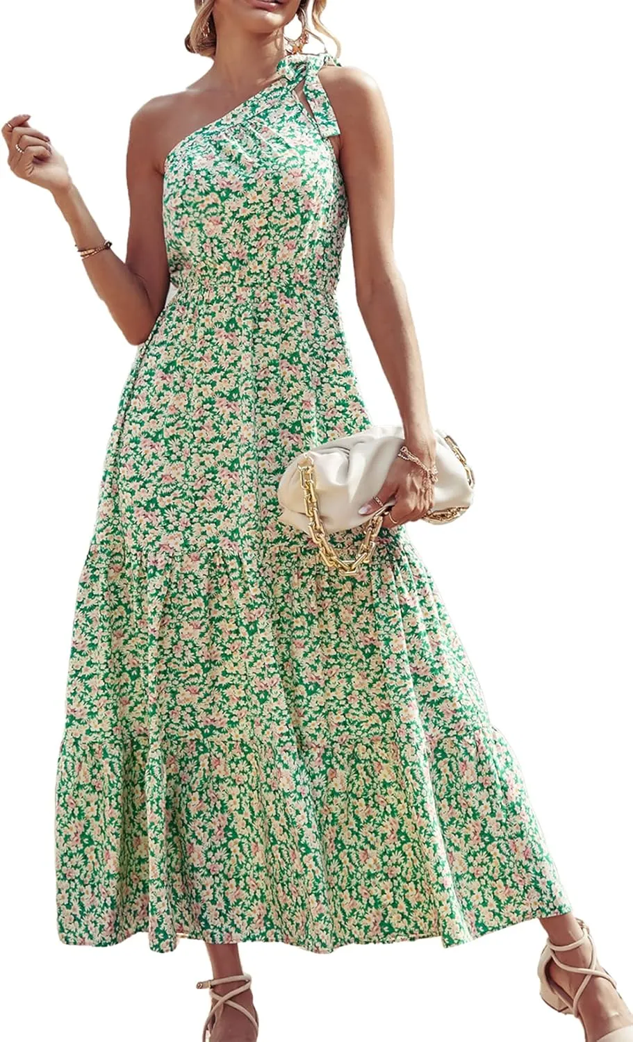 PRETTYGARDEN Women's Summer Floral One Shoulder Maxi Dress Knot Ruffle Boho Beach Vacation Wedding Guest Long Dresses
