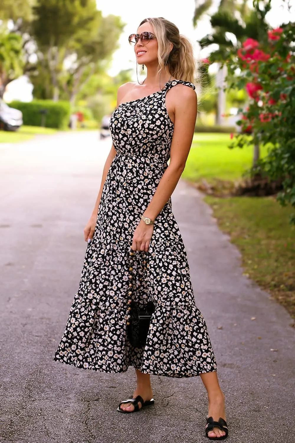 PRETTYGARDEN Women's Summer Floral One Shoulder Maxi Dress Knot Ruffle Boho Beach Vacation Wedding Guest Long Dresses