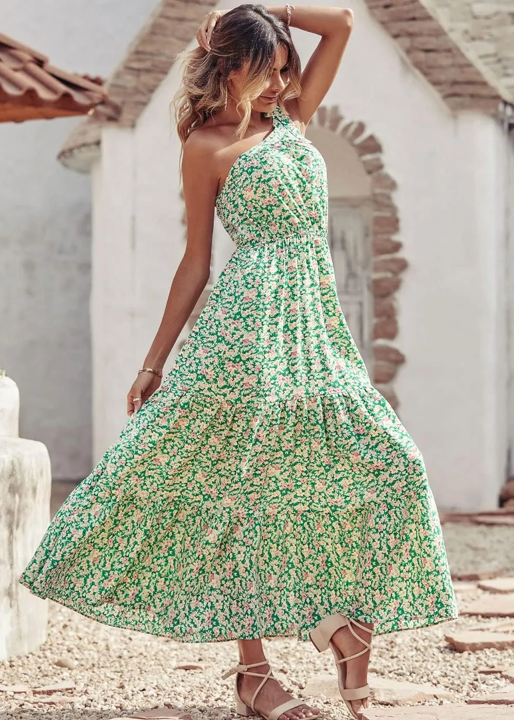 PRETTYGARDEN Women's Summer Floral One Shoulder Maxi Dress Knot Ruffle Boho Beach Vacation Wedding Guest Long Dresses