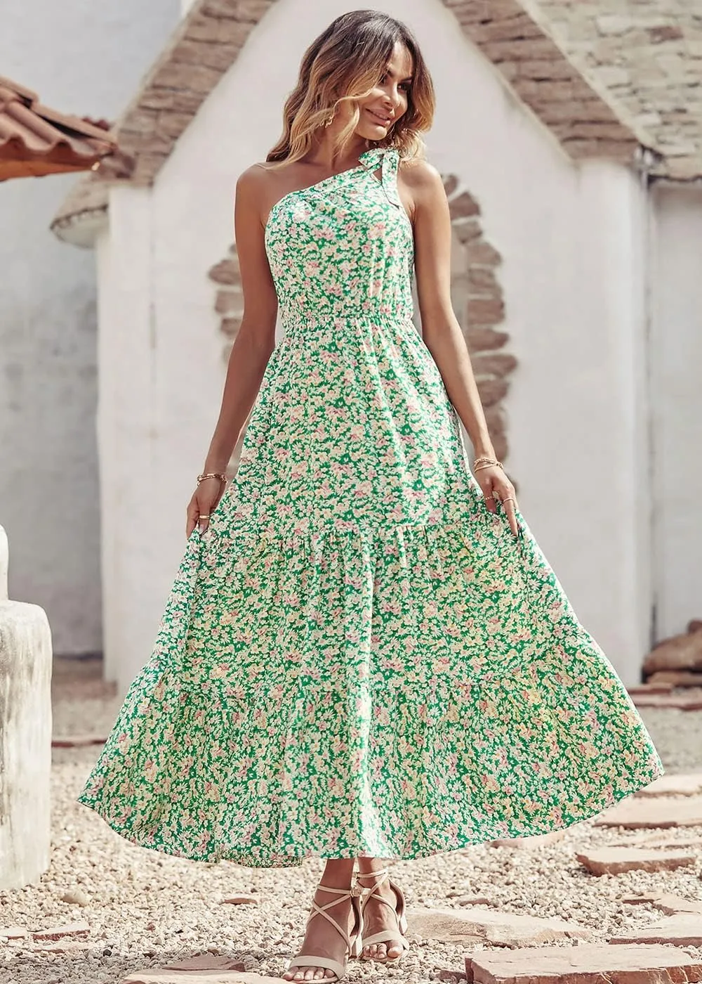 PRETTYGARDEN Women's Summer Floral One Shoulder Maxi Dress Knot Ruffle Boho Beach Vacation Wedding Guest Long Dresses
