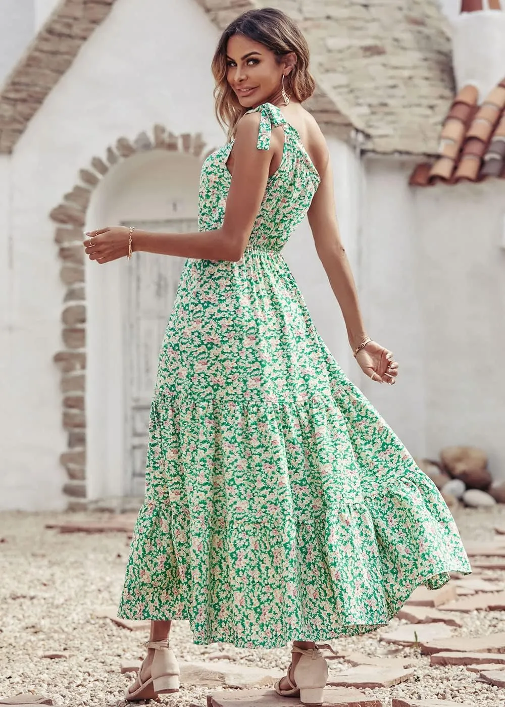 PRETTYGARDEN Women's Summer Floral One Shoulder Maxi Dress Knot Ruffle Boho Beach Vacation Wedding Guest Long Dresses