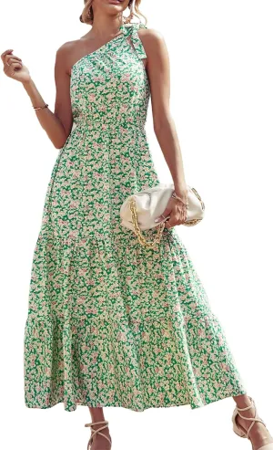 PRETTYGARDEN Women's Summer Floral One Shoulder Maxi Dress Knot Ruffle Boho Beach Vacation Wedding Guest Long Dresses