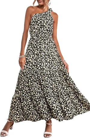 PRETTYGARDEN Women's Summer Floral One Shoulder Maxi Dress Knot Ruffle Boho Beach Vacation Wedding Guest Long Dresses