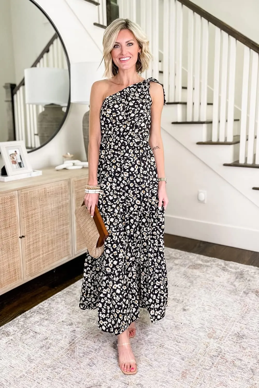 PRETTYGARDEN Women's Summer Floral One Shoulder Maxi Dress Knot Ruffle Boho Beach Vacation Wedding Guest Long Dresses